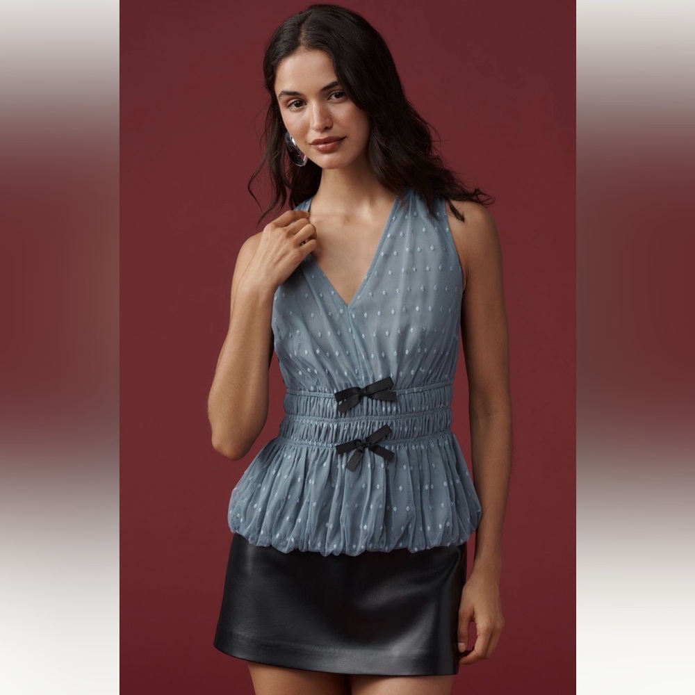 Anthropologie Dolan Bow Trim Sheer Bubble Top NWT S Blue Coquette Fairy - Picture 2 of 10